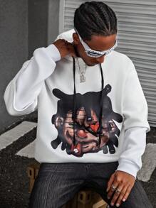 PAVTROS 男士年轻街头风格“Ins”白色二合一连帽衫，趣味街头风格，带有超大卡通印花、正面和背面超大图案印花、超大运动衫、动漫人物