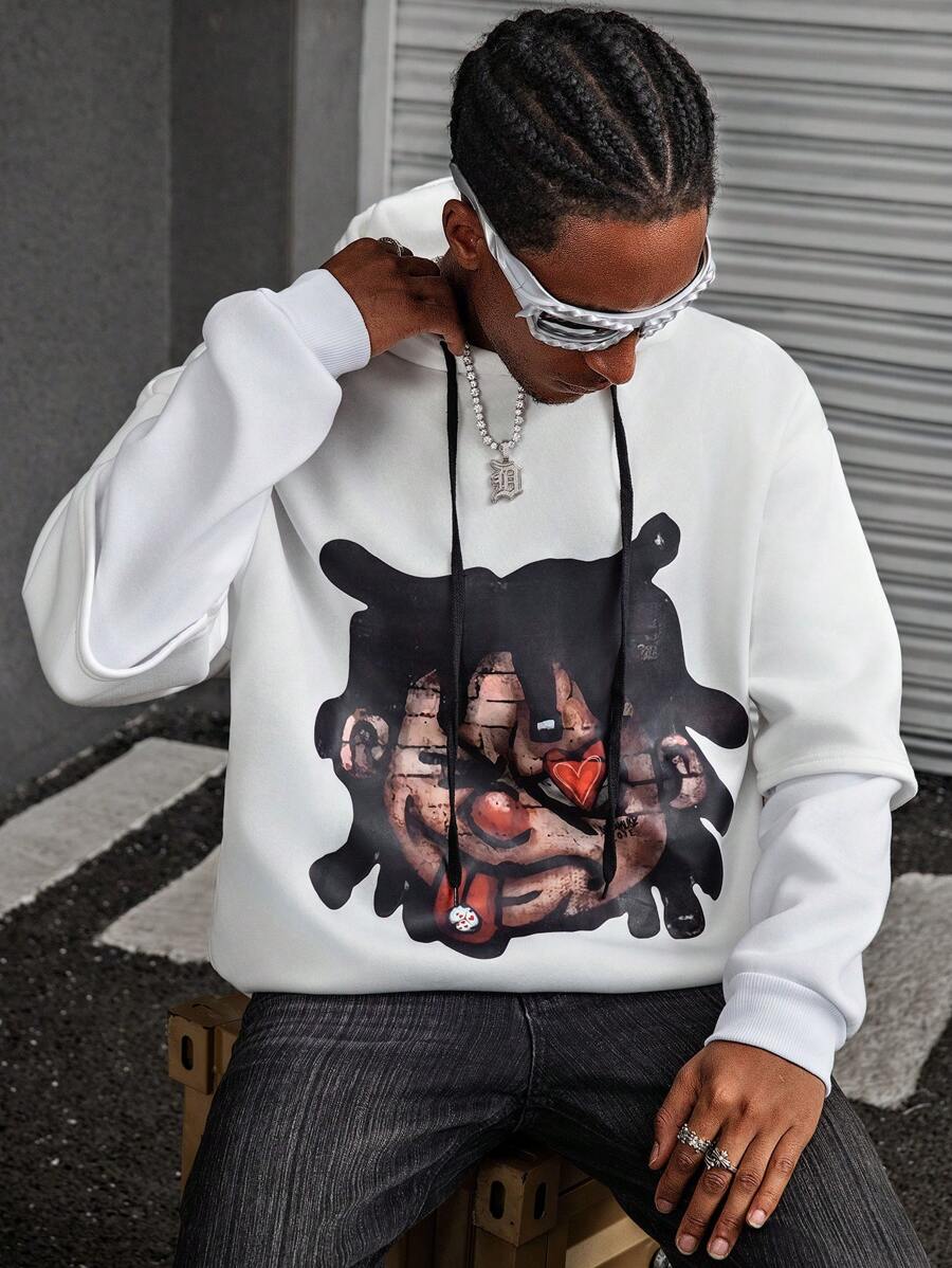 PAVTROS 男士年轻街头风格“Ins”白色二合一连帽衫，趣味街头风格，带有超大卡通印花、正面和背面超大图案印花、超大运动衫、动漫人物