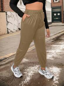 SHEIN LUNE Women's Fashionable Solid Color High Waisted Pants With Pockets - Khaki - View 4