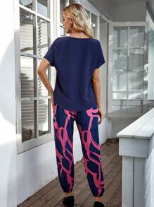 EMERY ROSE 2pcs Women Summer Casual Solid Color Crew Neck Tee And Contrast Print Pants Set - Multicolor - View 2