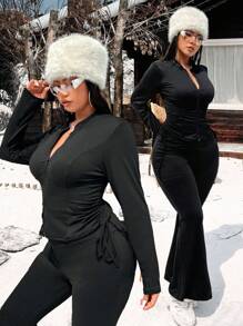 Flirla 2pcs Plus Size Fashionable Casual Drawstring Waist Slim Fit Zip-Up Jacket And Flared Pants Set - Black - View 1