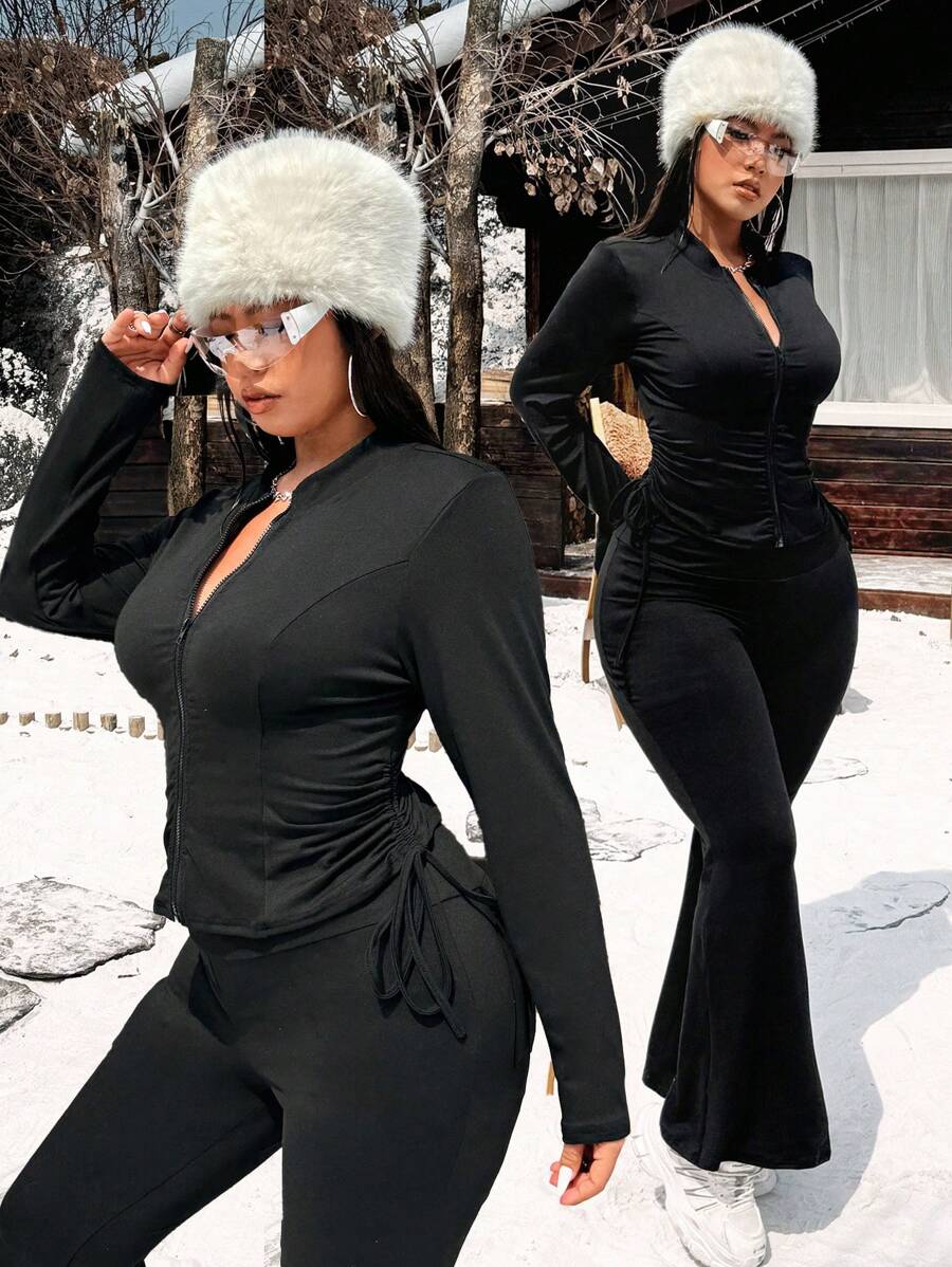 Flirla 2pcs Plus Size Fashionable Casual Drawstring Waist Slim Fit Zip-Up Jacket And Flared Pants Set - Black - View 1