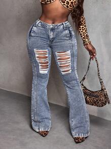 Slaydiva Women's Pocket Distressed Flared Casual Jeans - Light Wash - View 4