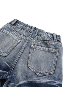 SHEIN Tween Boys Wave Pattern Blue Denim Straight-Leg Jeans - Blue - View 4