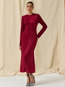 COSMINA Váy dài màu Burgundy Color Block dành cho nữ, Thu/Đông - Màu Đỏ Sâu - Xem 4