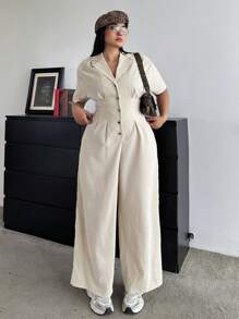 POPSWAY Plus Size Plain Front Button Down Collar Long Sleeve Simple Jumpsuit, Casual - Apricot - View 6