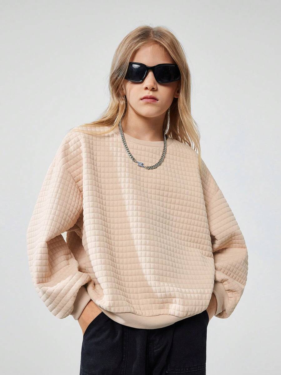 SHEIN Tween Girl Relaxed Fit Textured Crew Neck Long Sleeve Pullover Sweatshirt,In Fall/Winter - Apricot - View 1