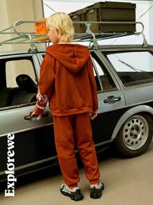 SHEIN 2 件套 青少年男孩羊毛字母印花拉链连帽夹克和裤子休闲装