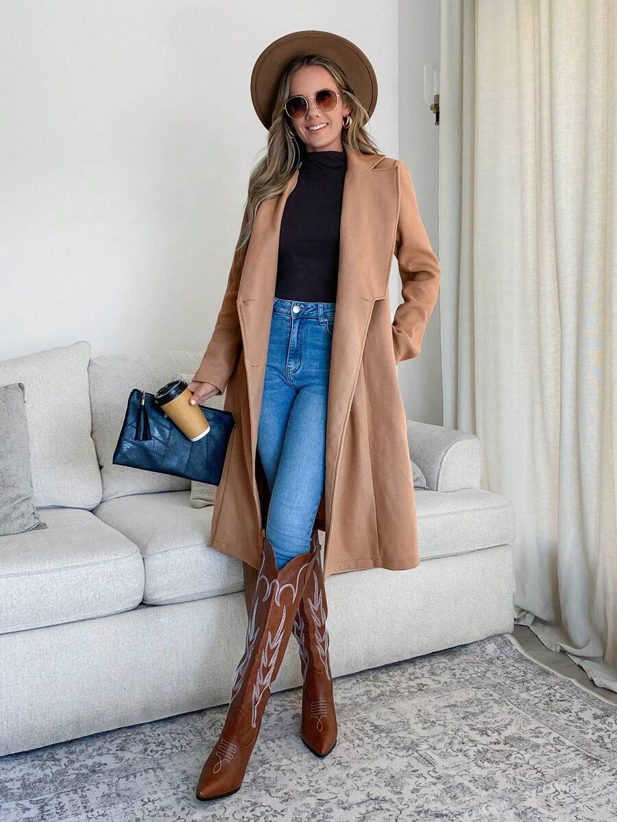 SHEIN LUNE Abrigo cálido de forro polar de unicolor casual para mujer - Caqui - Ver 1