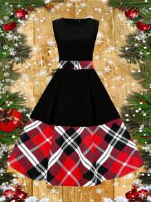 SHEIN Clasi Plus Size Women Plaid Patchwork Crew Neck Sleeveless Elegant Christmas Dress