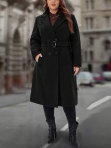 EMERY ROSE Plus Size Women's Winter Solid Color Notched Lapel Long Sleeve Double Breasted Pocket Elegant Woolen Winter Women Coat Coat - Black - View 3