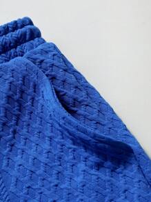 Manfinity Homme 男士度假休闲风格提花针织短袖衬衫和短裤套装，适合夏威夷海滩度假、音乐节和日常穿着。送给男朋友或老公的绝佳礼物，舒适装扮 - 寶藍色 - 查看 6