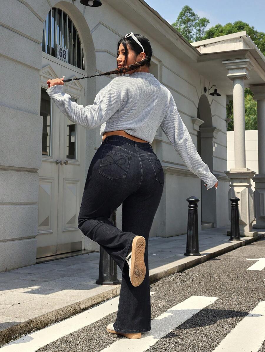 SHEIN EZwear Plus Size Solid Color Front Button Pockets Casual Jean Pants - Black - View 1