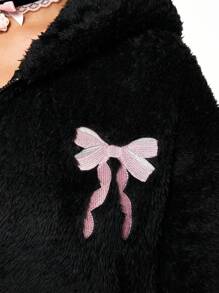 ROMWE Kawaii Cárdigan con capucha de forro térmico con bordado de moño dulce y fresco para mujeres, otoño/invierno