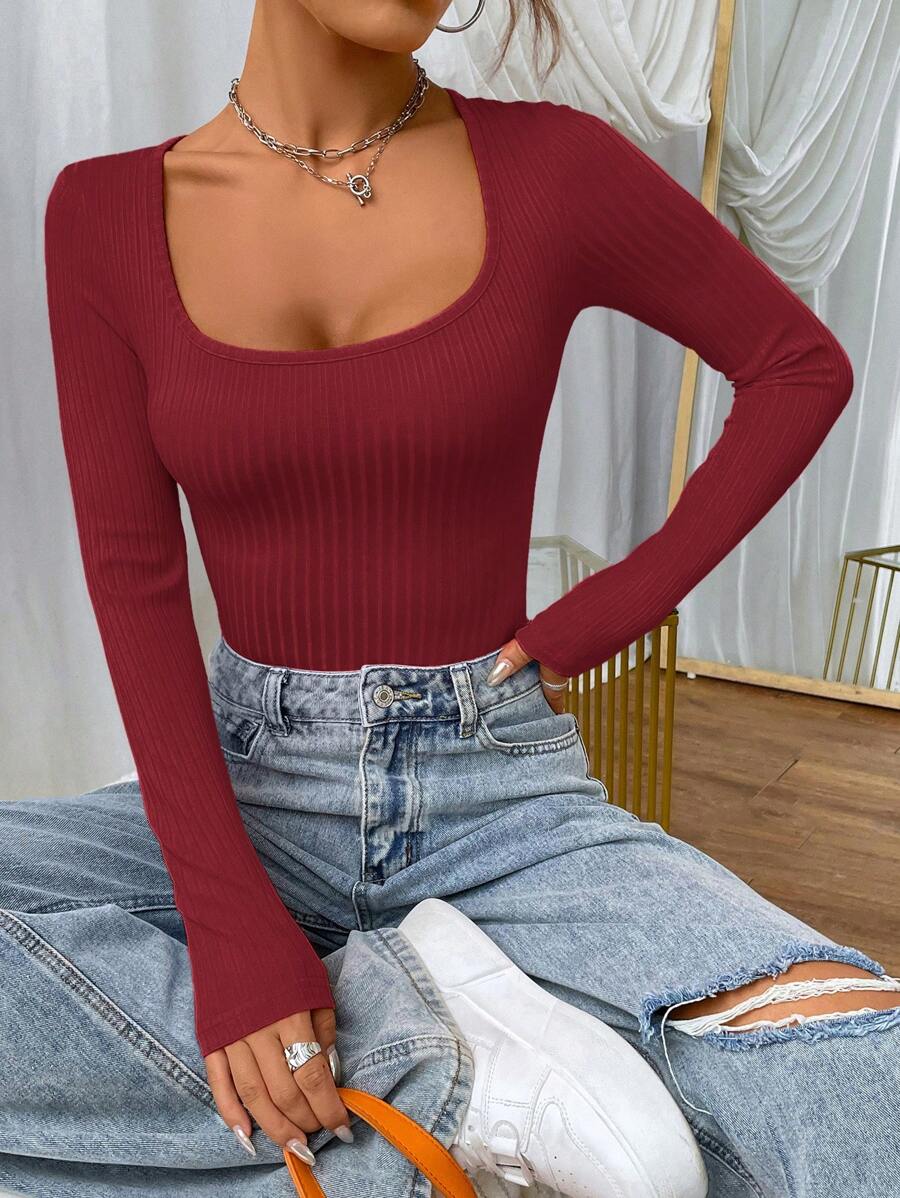 SHEIN EZwear 1 件女式纯色长袖休闲上衣 - 酒紅色 - 查看 1