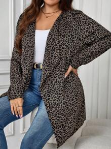 SHEIN LUNE Plus Size Women Leopard Print Long Sleeve Open Front Loose Long Casual Jacket For Autumn/Winter Holiday Outfit Thermal