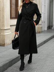 EMERY ROSE Women Casual Solid Color Stand Collar Double-Breasted Long Overcoat, Autumn - Black - View 6