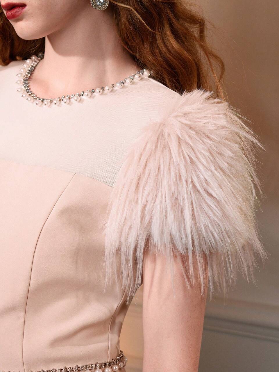 The Great Gatsby x MOTF CONTRAST MESH YOKE FLUFFY SLEEVE RHINESTONE AND FAUX PEARL TRIM COCKTAIL DRESS