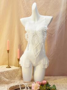 Butterfly Lace See-Through Crotchless Sexy Jumpsuit For Women Bow Tie - White - View 6