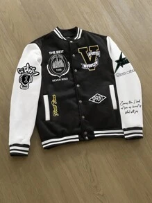 Manfinity Sporsity Men's Letter & Striped Long Sleeve Casual Baseball Jacket, Autumn, Mens Varsity Jacket, Baseball Jacket, Black And White Jacket
