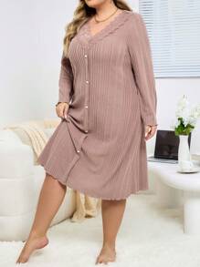 1pc Women Plus Size Flocked Ribbed Lace Patchwork Faux Stockings Long Sleeve Nightgown