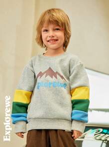 SHEIN 2pcs/Set Young Boy Casual Everyday Patchwork Letter & Mountain Print Sweatshirt & Sweatpants, Autumn - Red - View 5