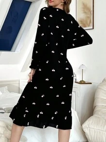 CottageSlumber Black Cherry Ruffled Puff Splice Ladies Nightgown Babydoll Holiday Season - Black - View 2