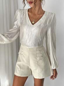 Chiquease Solid V-Neck Lantern Sleeve Elastic Fit Women Blouse - Apricot - View 1