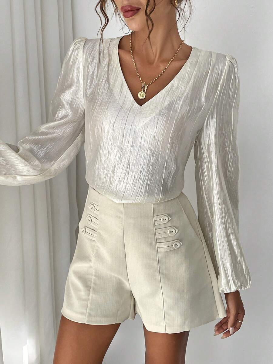 Chiquease Solid V-Neck Lantern Sleeve Elastic Fit Women Blouse - Apricot - View 1