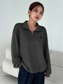 DAZY Casual Unicorn Embroidered Half Zip Loose Drop Shoulder Sweatshirt, Suitable For Autumn,Long Sleeve Tops,Fall Women Clothes - Dark Grey - View 3