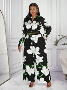 Slaydiva Premium High-End Plus Size Women 2pcs Set, Floral Print Blouse & Palazzo Pants - Multicolor - View 11