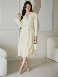 DAZY Vestido de talle medio elegante y minimalista con cuello plano, dobladillo plisado y unicolor, para la temporada de otoño