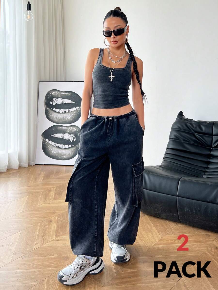 SHEIN EZwear 女士休闲街头装洗水背心运动裤套装 - 黑色 - 查看 1