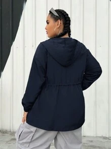 SHEIN EZwear Plus Size Women Solid Color Zipper Front Hooded Jacket, Suitable For Autumn Fall Winter - Navy Blue - View 5