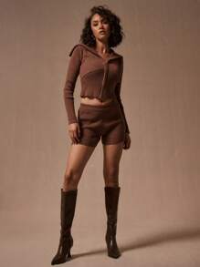 MUSERA 罗纹针织拉链开衫，舒适休闲街头风 - 棕色 - 查看 4