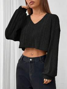 SHEIN EZwear Áo len ngắn cổ chữ V màu đen thoải mái và giản dị dành cho nữ - màu đen - Xem 4