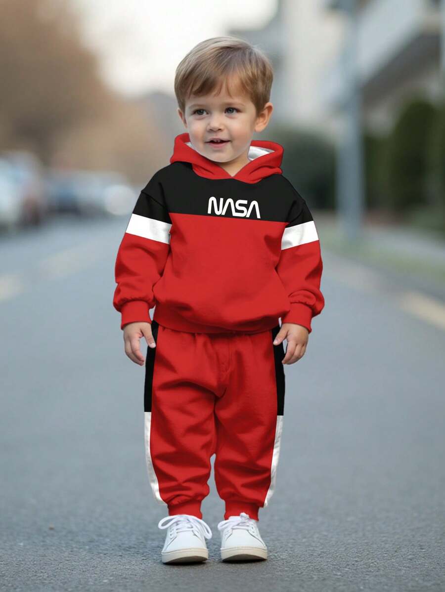 SHEIN 2 件装，年轻男孩拼色图案宽松休闲套头连帽衫套装，适合秋冬季 - 彩色 - 查看 1