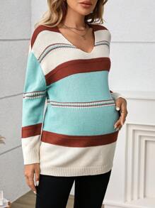 SHEIN Maternity Colorblock V-Neck Striped Sweater For Autumn/Winter - Multicolor - View 4