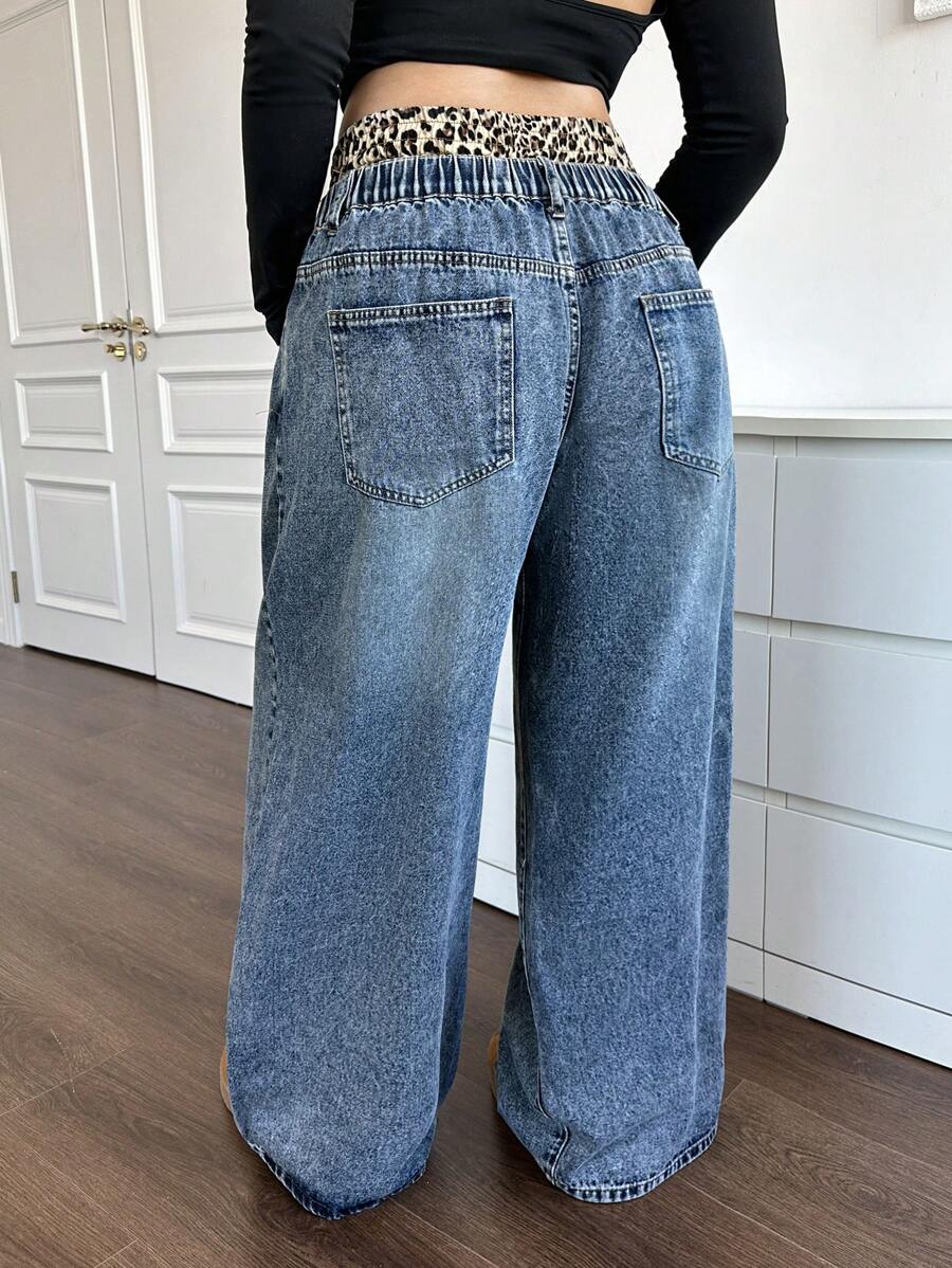 SHEIN PETITE CURVE Jeans bleus amples pour femmes grandes tailles avec double taille et imprimé