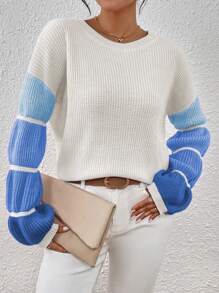 SHEIN Essnce Autumn/Winter Casual Contrast Color Dropped Shoulder Loose Knitted Sweater