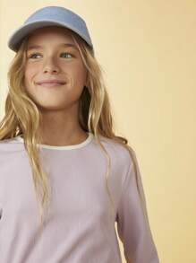 SHEIN Tween Girls White Round Neck Casual Everyday Babylock Knit T-Shirt, Suitable For Autumn And Winter - Purple - View 3