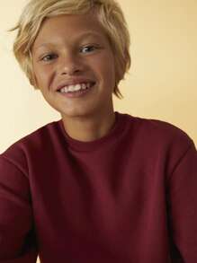 SHEIN Tween Girls' Red Solid Crew Neck Drop Shoulder Long Sleeve Casual Sweatshirt For Autumn - Red - View 3