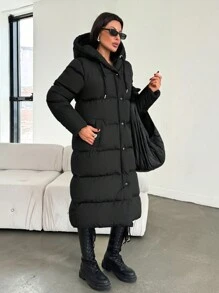 EURMUSE Hooded Side Pocket Snap Button Drawstring Padded Coat For Autumn And Winter - Black - View 1