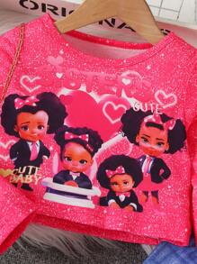 SHEIN 2 件套年轻女孩街头时尚圆领长袖短款女孩肖像 T 恤和松紧腰女孩肖像牛仔效果喇叭裤，春秋 - 玫紅色 - 查看 4