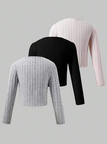 3-Color Girls Tight Pleat Basic Casual T-Shirt, Autumn/Winter