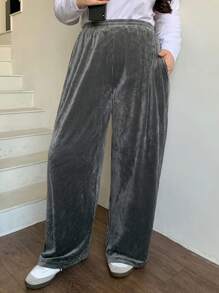 Dazy Plus Quần nhung kẻ sọc dài cạp chun rút màu trơn cỡ lớn thường ngày - Xám - Xem 1