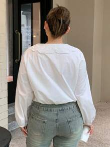 Dazy Petite Plus Plus Size Contrast Lace Collar Loose Lantern Sleeve White Peter Pan Collar Blouse, Spring/Summer/Autumn, Fall Women Clothes Long Sleeve Top - White - View 2