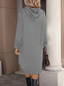 SHEIN LUNE Women's Casual Simple Solid Color Drawstring Hooded Sweatshirt Dress, Spring And Autumn - Light Grey - View 2