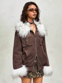 ROMWE Grunge Punk 1 pieza Abrigo con cuello desmontable de peluche de color contrastante con forro de pana, estilo distópico para mujer