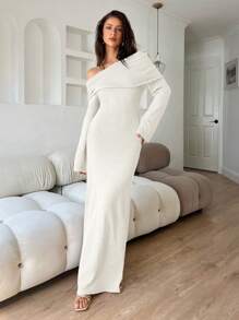 Aloruh 女式露肩高领超长毛衣连衣裙，秋冬 - 白色 - 查看 4
